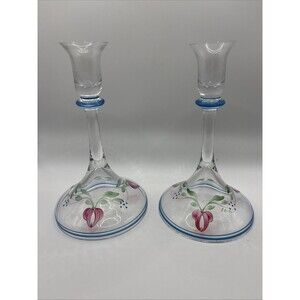 Pair of Orrefors Sweden Maja Candlestick Holders – Hand Painted -  7.5” - Glows